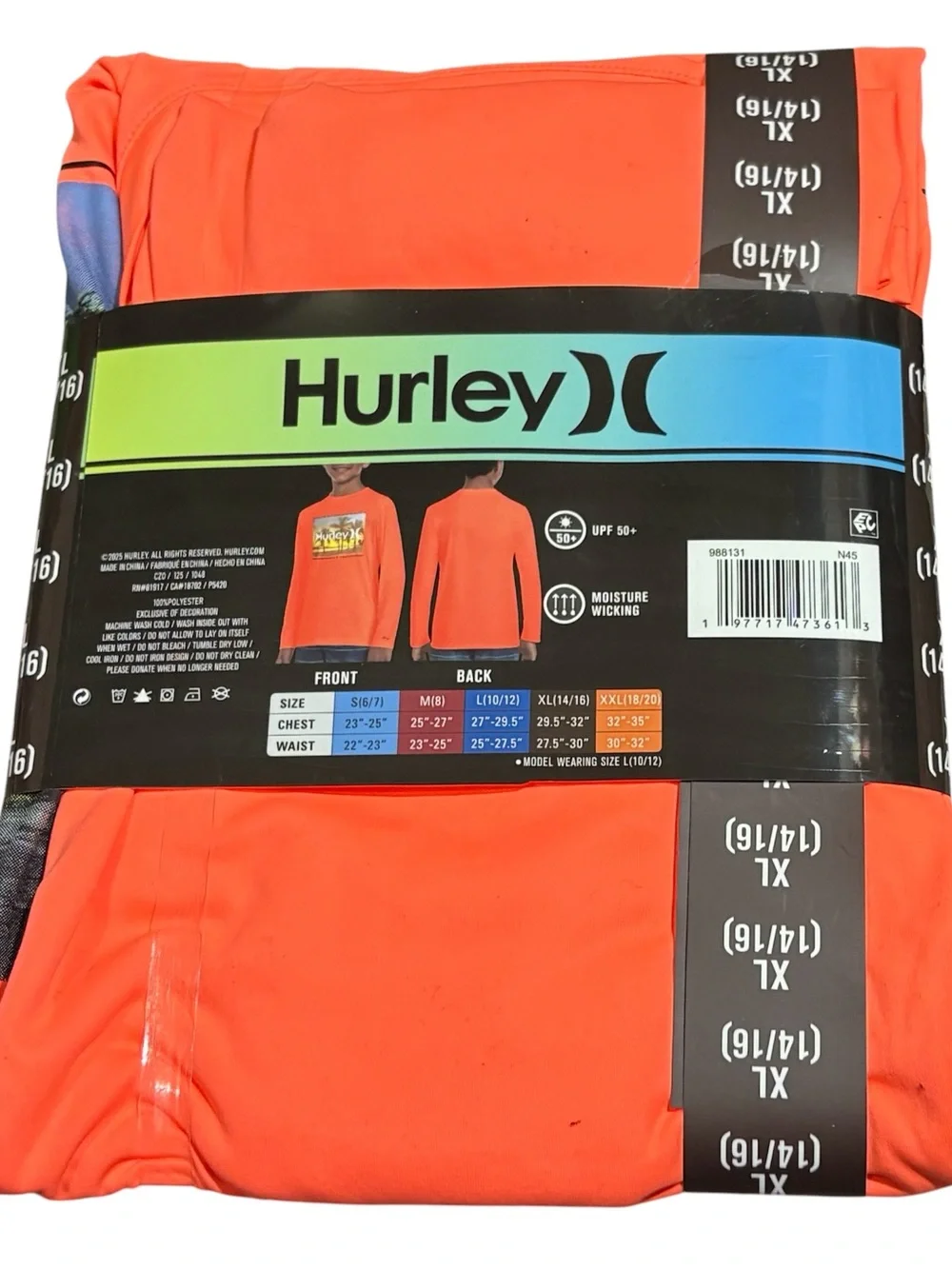 Hurley Boys Long Sleeve UPF 50+ Swim Top in Vibrant Orange Size XL 14-16 NEW